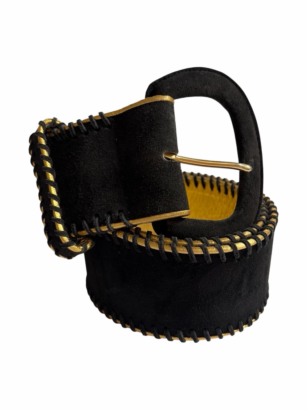Anne Klein Black Suede Belt With Gold + Black Laced Trim XS/Small Vintage 1980s